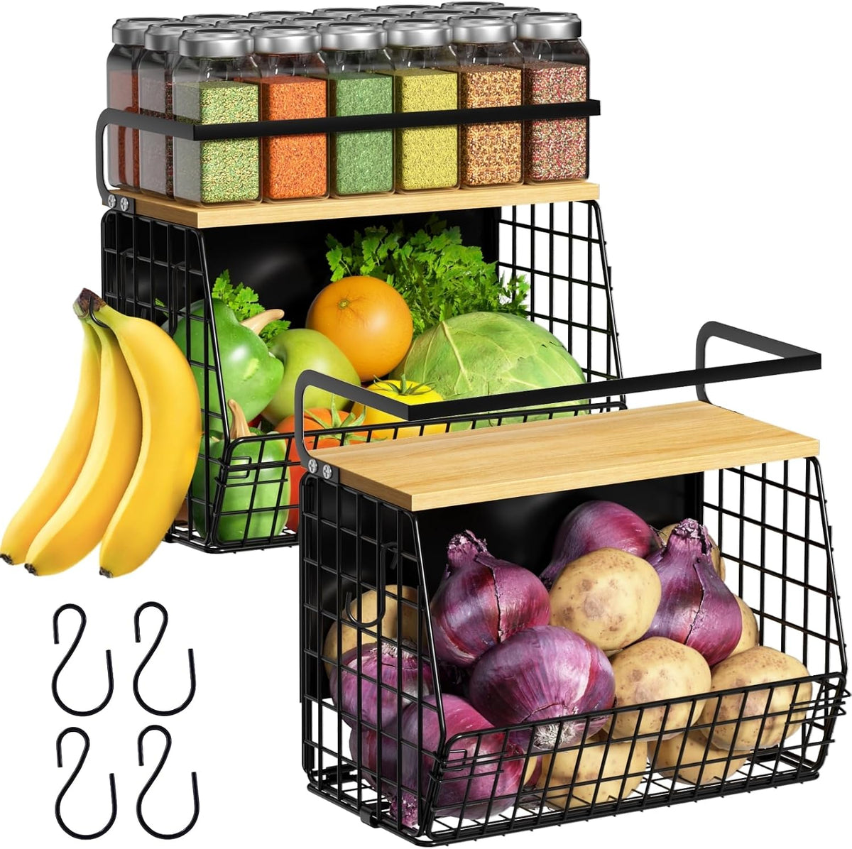 Ofiray-home Magnetic Shelf for Fridge with Wood Lid, Fruit Potato and Onion Storage Bins, Pantry Organizers & Storage, Large Container Magnetic Spice Rack for Refrigerator, Kitchen Counter (Black, 2)