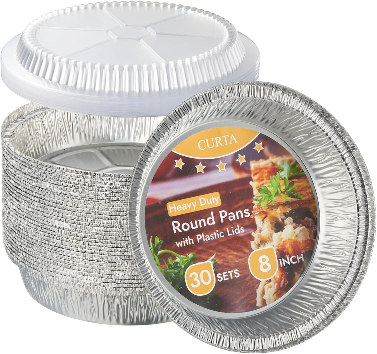 CURTA 8" Round Aluminum Foil Pans with Clear Lids | Heavy Duty | Great for Broiling, Baking, Storage, Roasting, Takeout, Air Fryer | 30 Pack