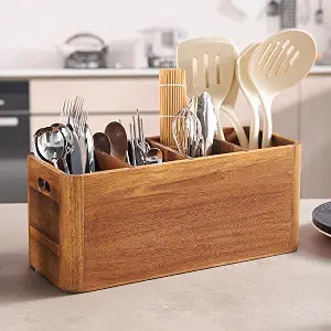 16" Wooden Kitchen Utensil Holder, Extra Large Acacia Wood Organizer for Cooking Tools, Utensils & Cutlery Storage  4-Compartment Countertop Holder