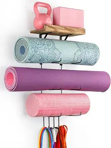 VINAEMO Yoga Mat Holder Accessories Wall Mount Organizer Storage Decor Foam Roller and Towel Storage Rack with 4 Hooks and Wooden Shelves Yoga Mats Rack Resistance Bands for Home Gym School Office
