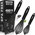 Walfos Silicone Whisk,Stainless Steel Wire Whisk Set of 3 -Heat Resistant 480F Kitchen Whisks for Non-stick Cookware,Balloon Egg Beater Perfect for Blending,Whisking,Beating,Frothing & Stirring,Black
