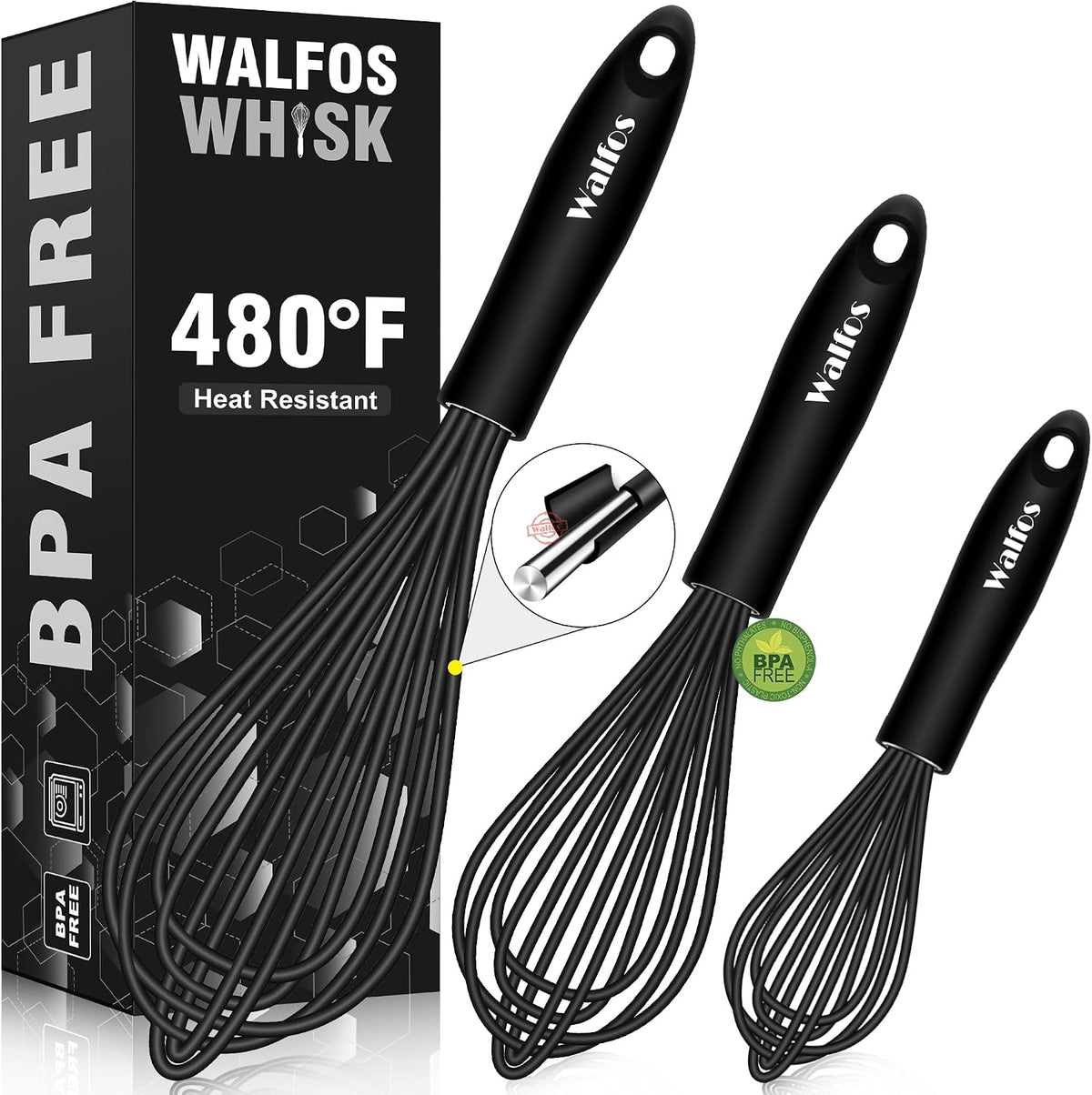 Walfos Silicone Whisk,Stainless Steel Wire Whisk Set of 3 -Heat Resistant 480F Kitchen Whisks for Non-stick Cookware,Balloon Egg Beater Perfect for Blending,Whisking,Beating,Frothing & Stirring,Black