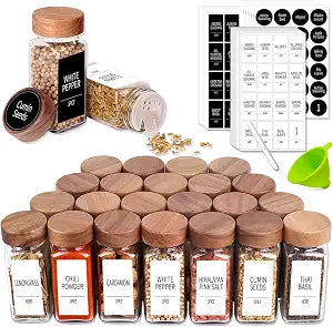 Churboro 24 Pack 4oz Glass Spice Jars with 547 Labels, Acacia Wood Lids