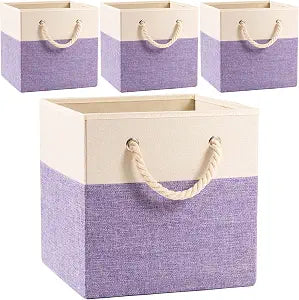 PRANDOM Large Foldable Cube Storage Bins 13x13 inch [4-Pack] Fabric Linen Storage Baskets Cubes Drawer with Cotton Handles Organizer for Shelves Nursery Closet Bedroom Purple