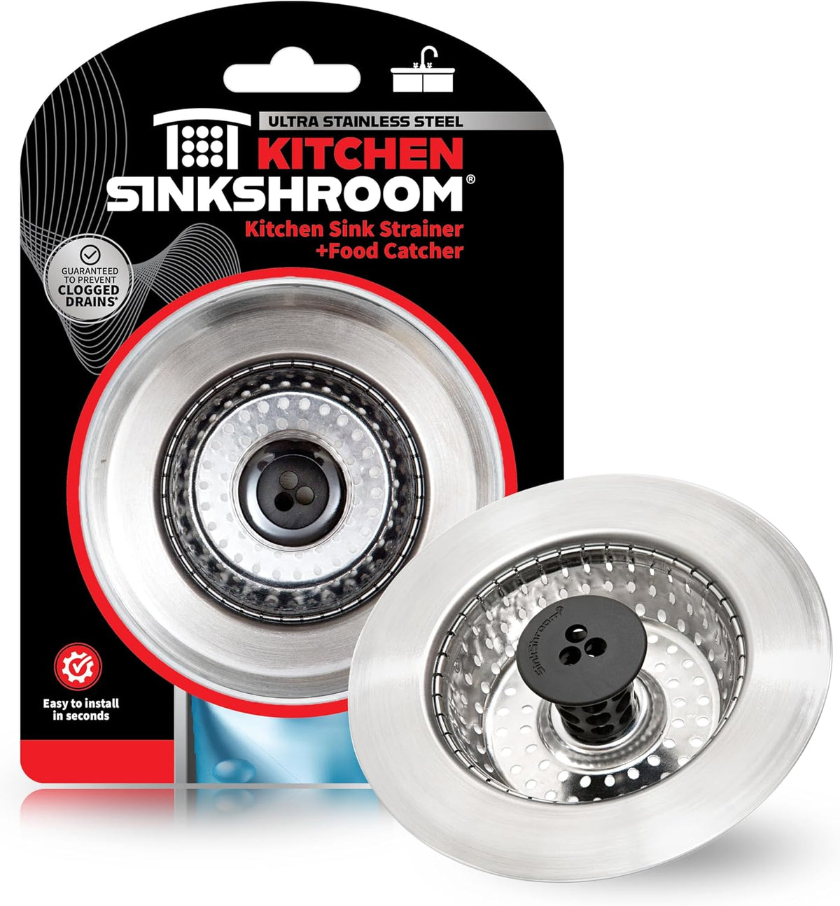 Kitchen SinkShroom Revolutionary Clog-Free Stainless Steel Sink Strainer, Black, 1-(Pack)