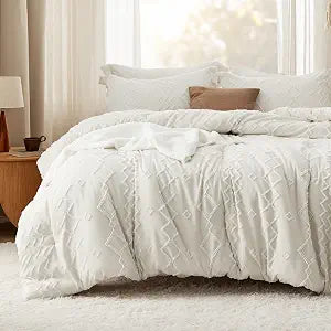 Bedsure Boho Tufted Comforter Set Queen - Beige Cationic Dyeing Bed Set, 3 Pieces Farmhouse Shabby Chic Embroidery Bedding, Geometric Pattern Comforter for All Seasons
