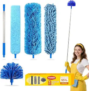 Tiumso 5-in-1 Microfiber Duster Kit with 100 Extension Pole  Reinforced Stainless Steel Telescopic Handle for High Ceiling Fans, Cobwebs & Vents  Multi-Head Dusters for Cleaning with Anti-Spin Pole