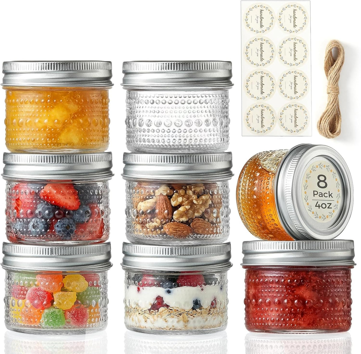 8 Pack Small Glass Jars with Lids - 4oz Vintage Embossed Mini Mason Jars ,Regular Mouth Mason Canning Jar with Seal Bands for Jam, Honey, Jelly, Dessert, Spice, Wedding Favors, DIY Candles Decor