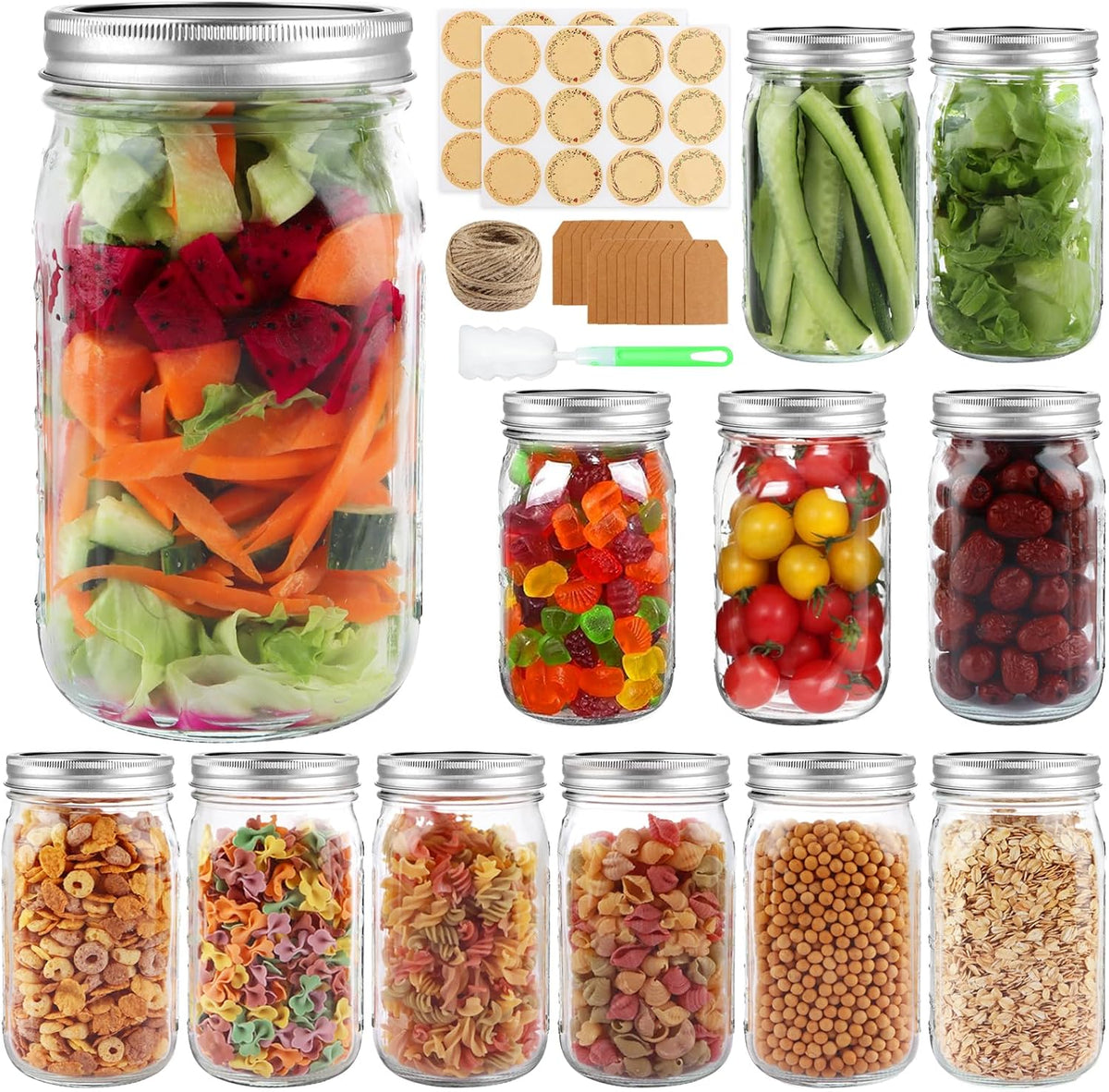 PINIWON Wide Mouth Mason Jars 32 oz with Lids, 12 Pack Quart Canning Jars