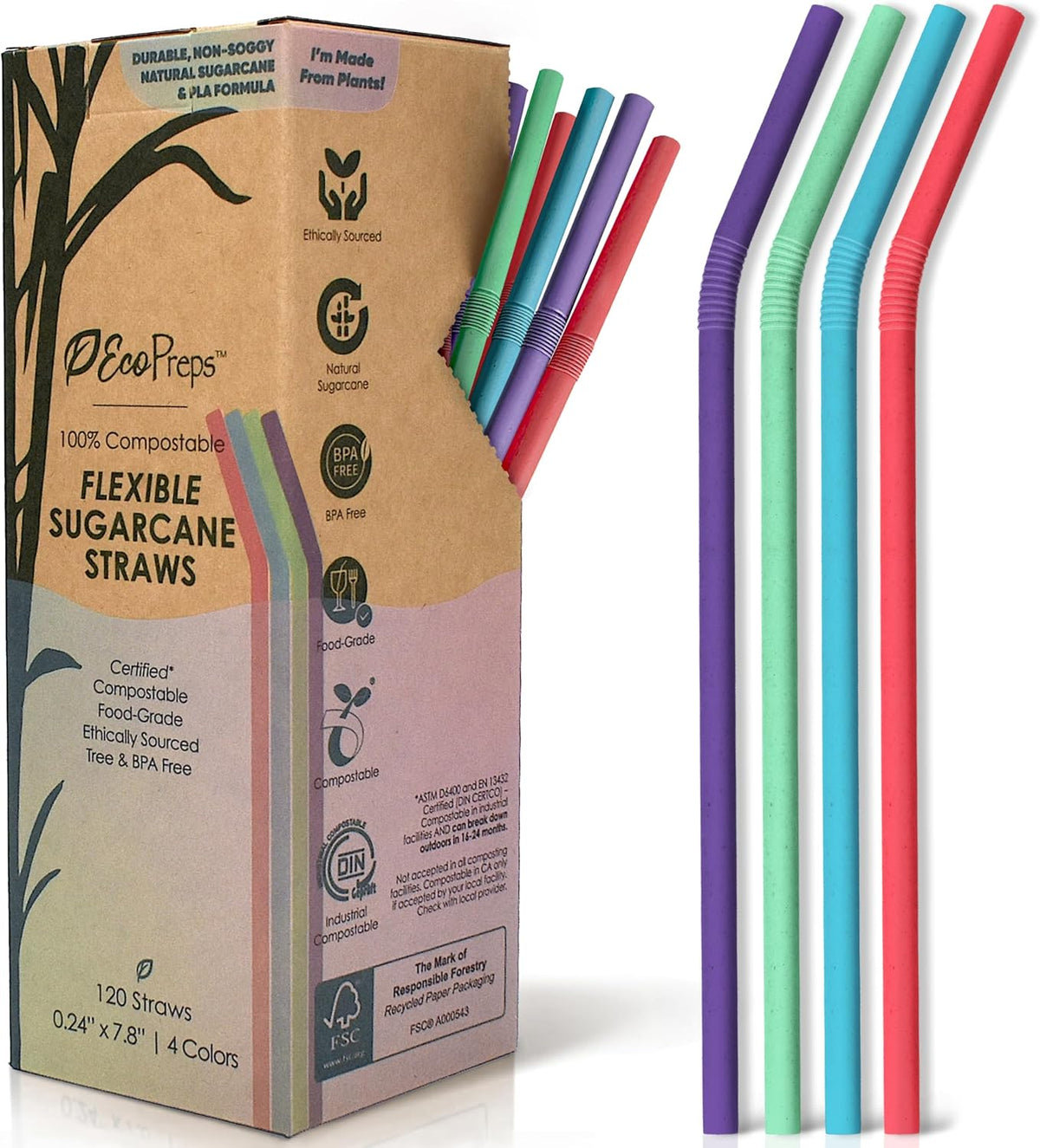 EcoPreps Colorful, Flexible Biodegradable Sugarcane Straws, 120 Count, 7.8''