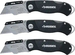 Husky Folding Sure-Grip Lock Back Utility Knives Multi Pack (3 Piece Set: 3 x Husky Knives w/ Blades) (Colors Vary)
