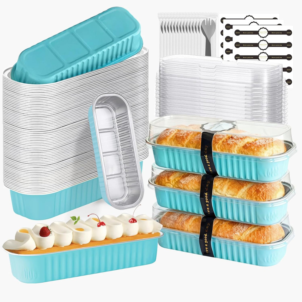 100 Pack Mini Cake Pans with Lids and Spoons, Mini Loaf Baking Pans 6.8oz, Small Disposable Aluminum Foil Loaf Pans, Rectangular Baking Containers for Party and Picnics, Cheesecake Pans (Blue)