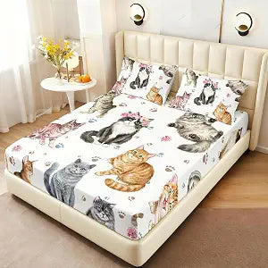 AILONEN Kawaii Cat Fitted Sheet Set - Queen - Pet Cats Bedding Kids & Girls Bed Sheet,Cartoon Kitten Sheets,2 Pillowcases