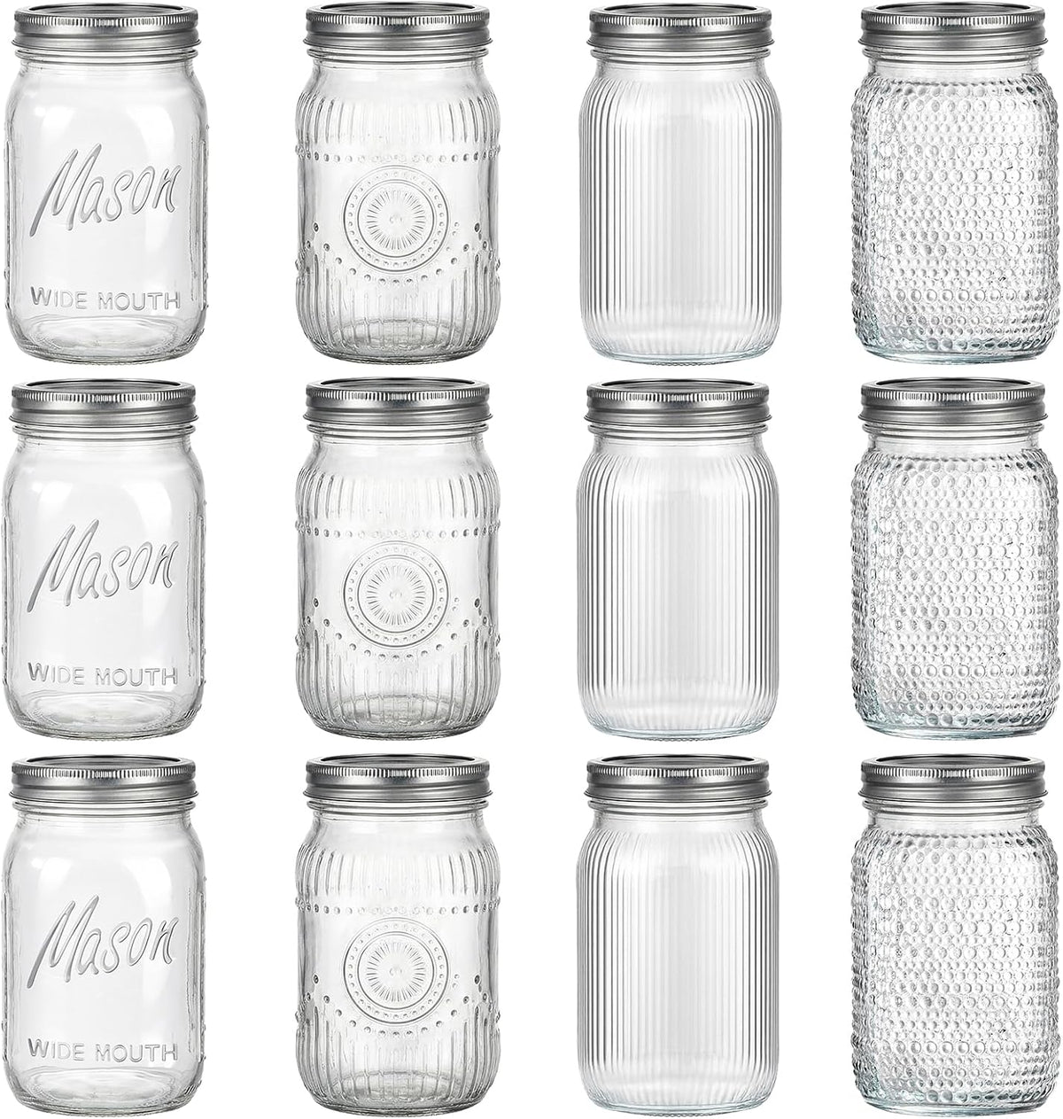 Rubtlamp Clear Mason jar 32 oz, 12 Mixed Pack Glass Jars - Wide Mouth Mason Jars with Airtight Lids for Pickling, Fermenting, Food Storage&DIY Crafts, Microwave & Dishwasher Safe