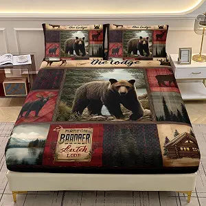 AILONEN Rustic Bear Fitted Sheet Set Queen Size,Cabin Plaid Bear & Deer Hunting Bedding Print Sheet with 2 Pillowcases,3-Piece Wildlife Woodland Themed Bed Sheet Set