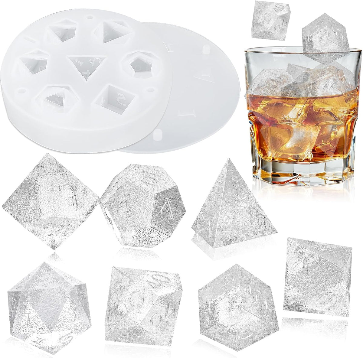 BABORUI 7 Shapes DND Dice Whisky Ice Cubes Mold, 3D Dice Mold DND Accessories For Whiskey Cocktail Summer Ice Drink, Funny DND Gifts For Table Game Lovers