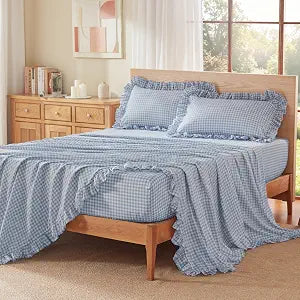 Litanika Cornflower Blue Gingham Ruffle Twin Sheets Set 3 Pieces