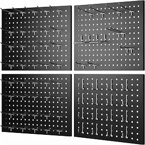 Peg Board, 4-pcs 16" x 12" Metal Pegboard Panels with 70 Hooks, Tool Organizer for Garage, Craft Room, Black