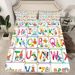 ABC Alphabet Fitted Sheet Queen, Cartoon Zoo Animal Bedding Set Educational Learning Bed Sheet Set for Kids Boys Girls Colorful Alphabet Bed Cover (2 Pillow Cases and a Fitted Sheet)