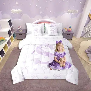 Erosebridal Love Hearts 7 Piece Bedding Set Twin Bowknot Comforter Set with Sheets Coquette Dreamy Room Kawaii Decor Bed in A Bag Purple S Letter Bed Sets