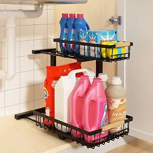 REALINN Under Sink Organizer, Adjustable 2 Tier Pull Out Kitchen Bathroom