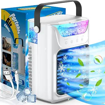 Portable Air Conditioners, 3 Wind Speeds & 7 LED Lights Evaporative Personal Air Cooler, 4 in 1 Portable AC with 650 mL Large Water Tank, Mini Air Conditioner for Bedroom/Car/Home/Camping/Room