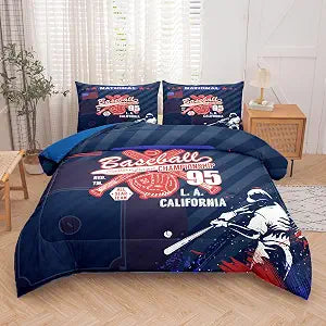 NINENINE Kids Baseball Comforter Set Queen Size, 3 Pieces Blue Boys Baseball Bedding Sets Queen, Sports Comforter Sets for Boys Girls Kids with 2 Pillowcases