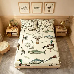 Feelyou Hunting Fishing Deer Duck Fitted Sheet Twin Size 16" Deep Pocket