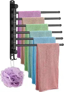 Swivel Towel Rack, Towel Bar with Wall Mounted 180 Rotation, 6 Arms Towels Hanger SUS 304 Stainless Steel, Space Saving for Kitchen, Bathroom, Outdoor (Matte Black)