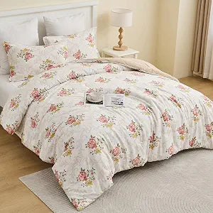 Finlonte Luxury Floral Comforter Set Queen Size, Pink Yellow Soft Cotton Bedding Set, Farmhouse Floral Bed Set, 3 Pieces, 1 Comforter (90"x 90") and 2 Pillow Shams, Gift for Families