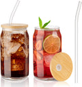 Glass Cups with Lids and Straws, 16 Oz - Set of 2 Reusable Iced Cold Coffee Tumblers - Clear Glass Bottle for Water with Bamboo Lids