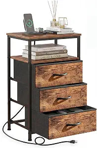 Nightstand with Charging Station, 3 Fabric Drawers for Bedroom