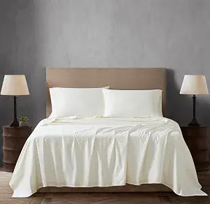 Linen Closet 3 Pc 100% Cotton Twin Sheets Set, Ivory, 400 Thread Count, Sateen Weave, Deep Pocket Fitted Sheet, Fits Up to 18" Mattress, Smooth & Soft Bed Sheets Set for Home, Dorm & Hotel Use