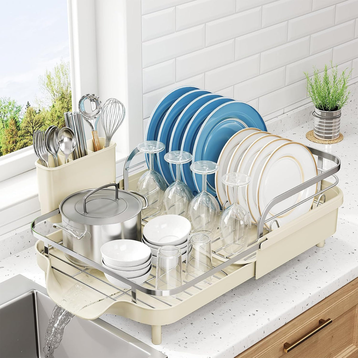 SNTD Expandable Dish Drying Rack for Kitchen Counter, 15.2-22.1 in, Beige