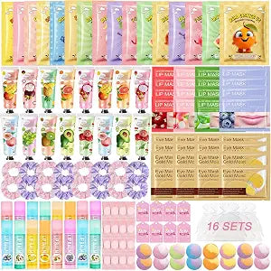 160PCS Spa Party Supplies,Spa Party Favors Include Facial Masks, Lip Balm, Hand Cream, Under Eye Patches, Lip Mask, Foot Bath Bombs, Compressed Towels, Sleepover Party Spa Birthday Supplies