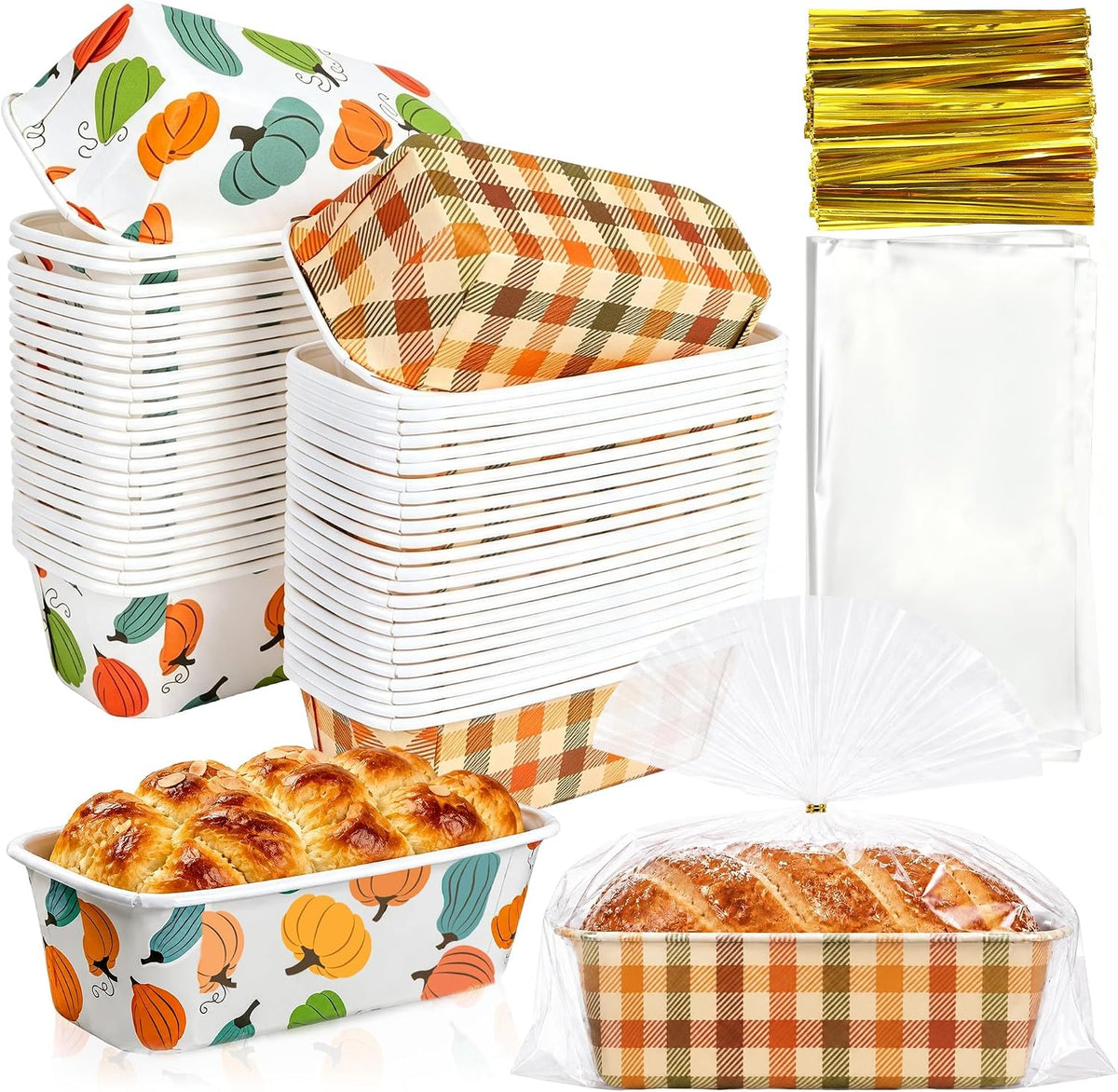 50 Sets Fall Paper Loaf Pans for Baking,6.3 x 2.2 x 2.2 Inch Disposable Bread Pan with Clear Plastic Bags and Ties, Pumpkin Rectangle Paper Bread Baking Mold for Autumn,Thanksgiving Party Supplies