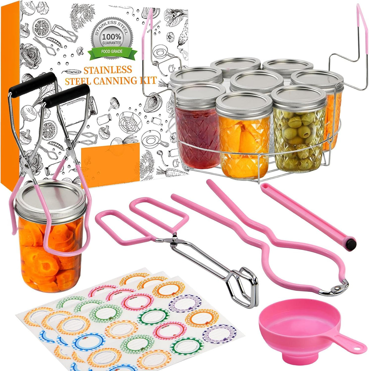 Canning Supplies Starter Kit with Stainless Steel Canning Rack and Accessories Tools, Includes Canning Jar lifter Tongs, Funnels,Lid lifter for Canning Pot, Water Bath& Pressure Canner