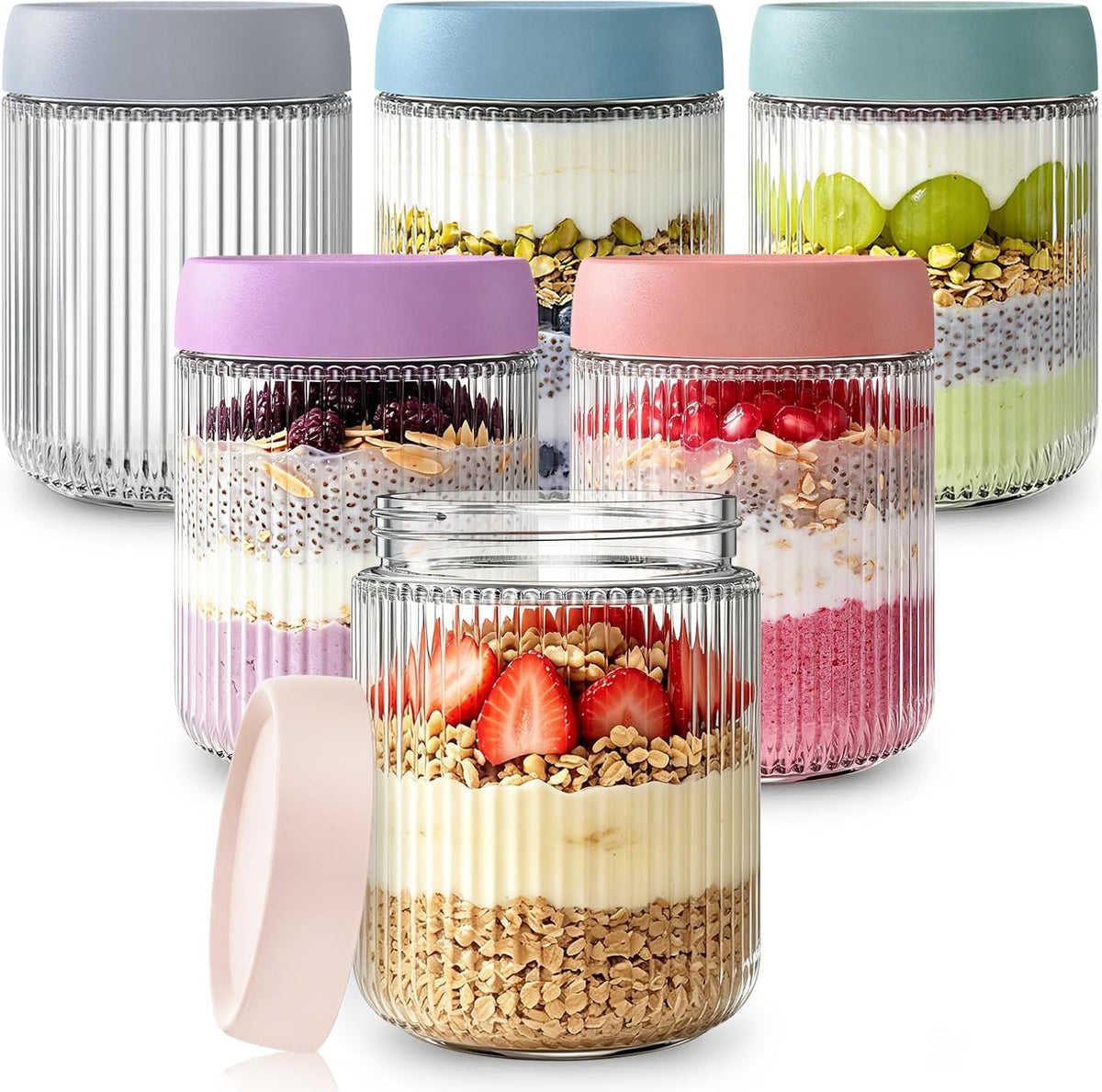 INSETLAN 16oz Glass Overnight Oats Containers with Lids, 6-Pack Mason Jars