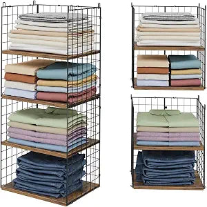 2 Pack Closet Organizers and Storage, Stackable Closet Shelf Organizer Heavy Duty Metal Wire Storage Bins with Adjustable Wood Shelf, Large Capacity Closet Storages for Bedroom Wardrobe Organization