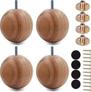 Wood Sofa Replacment Parts Natural Wood 2.7 Inch Funiture Legs Round Ball Shape Big Sofa Bun Feet Cabinet Legs Set of 4 (H: 3.1 inch)