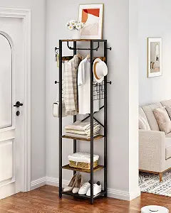 CHOEZON Coat Rack with Shelves, Freestanding Hall Tree, Coat Tree with 16 Hooks and Hanging Rail, Industrial Clothes Stand for Entryway, Hallway, Bedroom, Rustic Brown and Black TYM18BF
