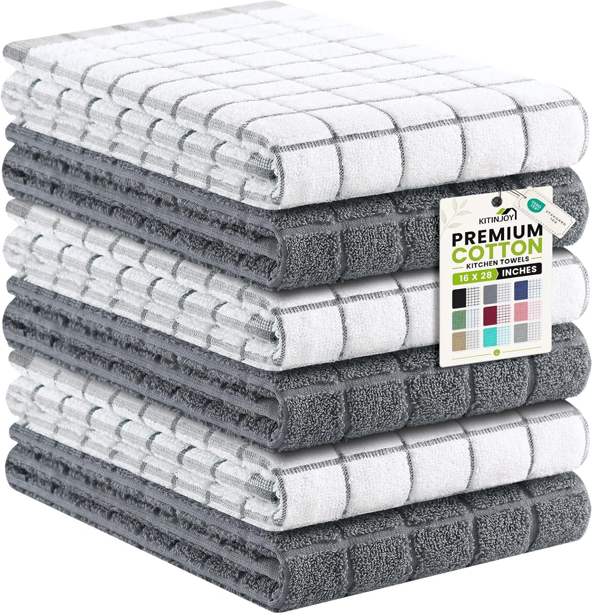 Kitinjoy Premium Kitchen Towels (16"x 28", 6 Pack), Large 100% Cotton Terry 390 GSM Kitchen Hand Towels, Ultra Absorbent Check Design Tea Towels Set with Hanging Loop, Grey