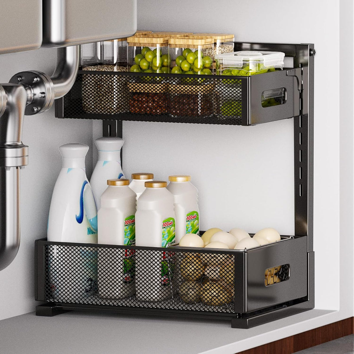 Under Sink Organizer for Bathroom & Kitchen, Under Cabinet Storage Shelf, Bathroom Cabinet Organizer Vanity Drawer Pantry Organization, Multi-Purpose Under Sink Slide Out Storage Shelf