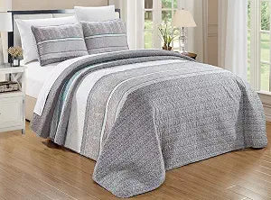 Grand Linen - 3-Piece Fine Printed Oversize (118 X 95) Quilt Set Reversible All-Season Bedspread Coverlet (California) Cal King Size Bed Cover (Grey, Teal Blue, White, Stripe)