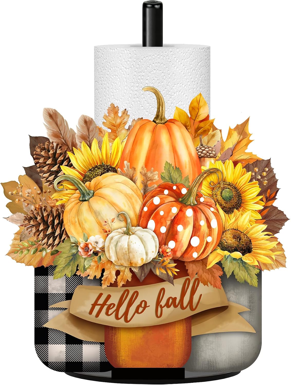 Fall Decor Paper Towel Holder for Kitchen Bathroom, Autumn Pumpkin Towel Paper Holders Sunflowers Holiday Party Decoration Steady Roll Holder Easy Tear Paper Stand Dispenser