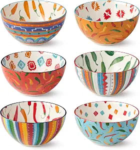 Certified International Caliente 28-Ounce All Purpose Bowls, Set of 6, 6.25-Inch, Bold Chili Pepper & Southwestern Patterns, Durable & Stylish for Pasta, Salads, Soups, Snacks, and Festive Dining