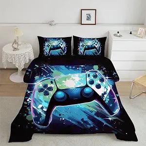 Gaming Comforter Set Twin Size for Boys Kids Teens Game Video Gamer Quilt Set Bedroom Decor Gamepad Bedding Set Blue 5 Pieces Bed in a Bag