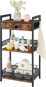 FAVOOSTY Bathroom Ladder Shelf, 3-Tier Bathroom Floor Storage Shelf with Drawer, Freestanding Towel Shelf, Bookcase End Table Open Shelving Unit for Living Room,Balcony, Rustic Brown