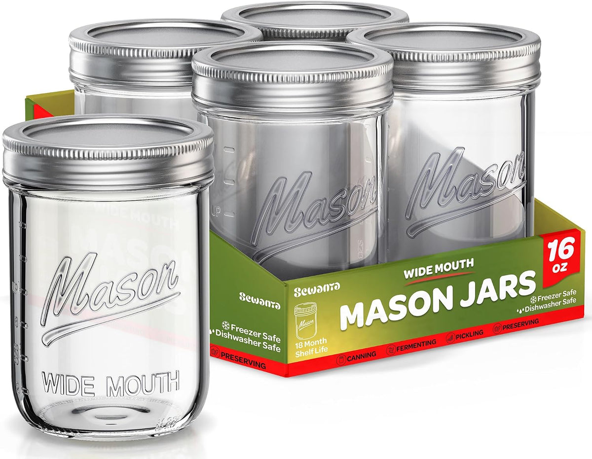 SEWANTA Wide Mouth Mason Jars 16 oz [5 Pack] With Mason Jar Lids and Bands, Mason Jars 16 oz - For Canning, Fermenting, Pickling - Jar DÃ©cor - Microwave/Dishwasher Safe.