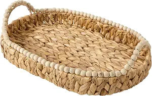 Gibson Home Riverrun Grove 17" Woven Decorative Serving Tray  Large Natural Water Hyacinth Basket w/Wood-Bead Trim & Handles for Coffee Table Dcor, Ottomans, Centerpieces & Kitchen Counter Display